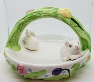 Whimsical Easter Basket Made Of Ceramic And Hand Painted With Two Cute Bunnies