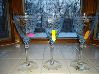 Set Of 3 Blue Fostoria June 8¼ " Water Goblets,  Some Imperfections