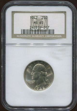 1942 P 25c Quarter Ngc Ms65 - Washington - Silver Coin - 25 Cents
