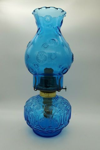 Vintage Le Smith Moon & Star Blue Glass Oil Lamp Complete 12 " P&a Lighting 1960s