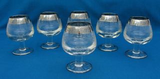 (6) Vintage 4.  5 " Brandy Cognac Snifters Glasses Silver Band Rim & Scroll Etching