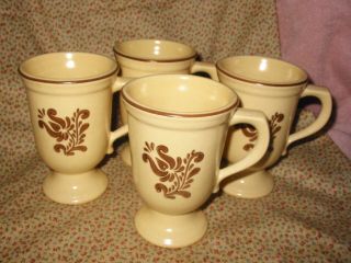 1970s 4 Pfaltzgraff Village Brown Footed Pedestal Coffee Mugs Pottery Set