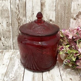 Vintage Amberina Ruby Red Royal Lace Depression Glass Large Cookie Jar With Lid