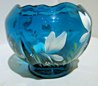 Fenton Hand Painted Turquoise " Butterfly Minuet " Signed By Fenton Rose Bowl