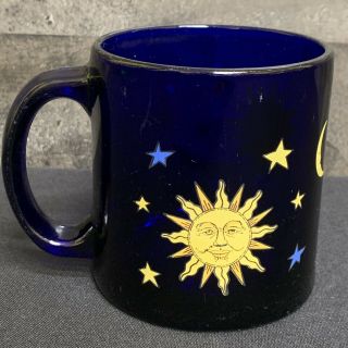 Libbey Cobalt Blue Celestial Sun Mug Vintage Moon Stars Glass Coffee Made In Usa