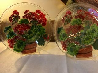 Peggy Karr Fused Glass - - 11.  25 Inch Red Geranium Platter And 10.  75 Inch Low Bowl