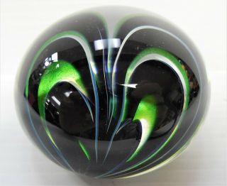 Vtg 1986 Signed John Lotton Art Glass Paperweight Green.  Blue & Black Swirls