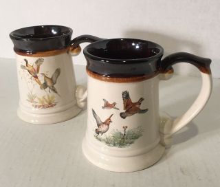 2 Stoneware Tankard Style Mugs/cups With Thumb Rest,  Gamebirds Pheasants & Quail