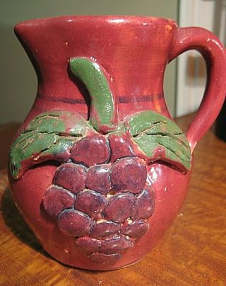 Signed Jerry Brown Mini Pitcher 3 D Red Grapes Alabama Southern Folk Art Pottery