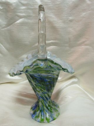Vintage Fenton Art Glass Blue Green White Vasa Murrhina Handled Basket Vase