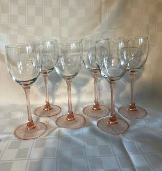 Pink Stemmed Wine Glasses Stemware Set Of Six (6) 7 3/4 Inches Tall
