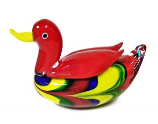 Murano Style Red,  Yellow,  Blue,  Green Art Glass Duck Bird Figurine,  Paper Weight