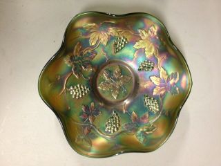 Vintage Fenton Green Iridescent Carnival Glass Grape Cable Bowl (dd) (a2212)