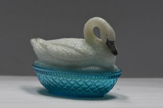 Vintage Fenton Hand Painted Signed Sparkle White Swan Blue Glass Art Nest Weaved