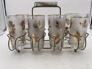 Vintage Libbey Gold Leaf Drinking Tumbler Glasses Bar Set Of 8 Metal Caddy Mcm