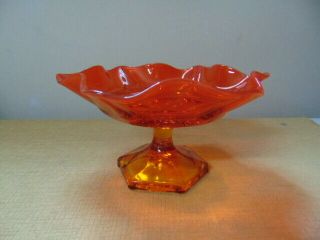Vintage Mcm Viking Ambrein Orange Red Glass Ruffled Pedestal Dish Bowl Amberina