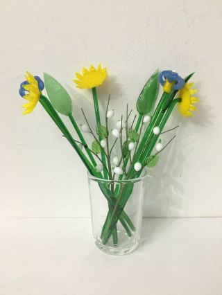 10 Vintage Hand Blown Art Glass Stem Flowers Yellow Blue White Leafs 7 "