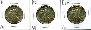 1941,  1942 & 1945 50c Walking Liberty Half Dollars In Au 02307