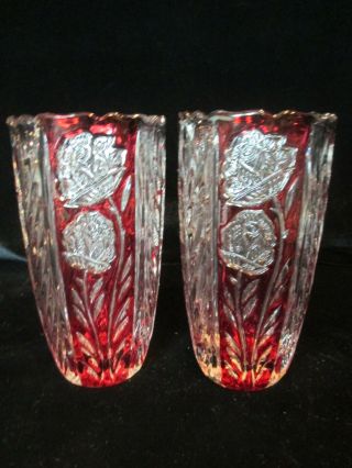 Ruby Red To Clear Cut Roses Leaves 2 Tumblers Or Vases Almost 2 Lbs Each 6 1/2 "