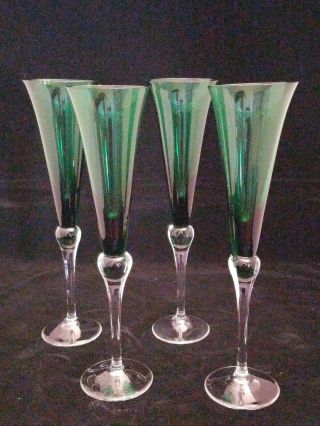 4 Emerald Green Champagne Flutes 11 " Green Bowl Clear Foot Stem