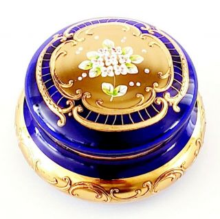 Vintage Bohemian Cobalt Blue 24k Gold Enamel Trinket Flower Dish W/ Lid Czech