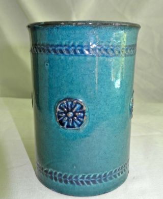 Vtg Baldelli Pottery Italy Container Jar Vase Speckled Turquoise & Medallions - 5 "