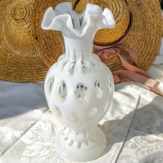 Vintage Fenton Opalescent White Coin Dot Vase Double Crimped Ruffled Rim 11 " Usa