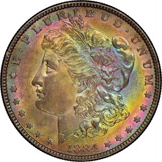 1884 Morgan Silver Dollar - Monster Rainbow Toning Both Sides - Au/bu Slider