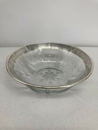 Vintage Etched Glass Bowl With A Sterling Silver Rim