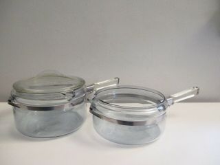 Vtg Pyrex Flameware Blue Tint Saucepan Pots 7323 - B 7324 - B 1 1/2 W/ 1 Lid