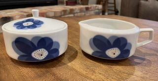 Vintage Mid Century Modern Indigo Moon Creamer And Sugar Bowl Set Blue Flowers
