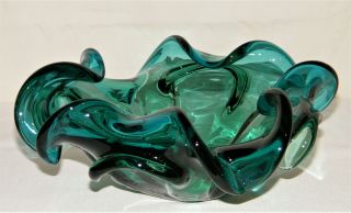 Stunning Vintage Hand Blown Teal Blue Green Art Glass Dish Freeform Bowl Italy