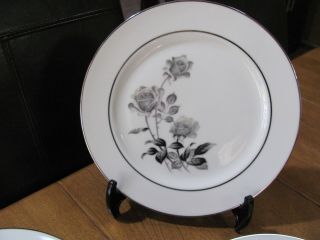 Nocturne By Yamaka Japan 10.  25 " Four Dinner Plates Gray/pink Roses Platinum Trim