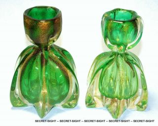 Vtg Pair Murano Glass Green Gold Mica Candles Holders Star Motif Base