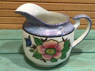 Vintage Japan Porcelain Pink Blue Lusterware Floral Creamer Handpainted