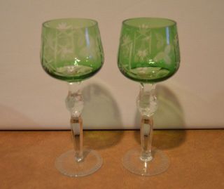 Pair Set Of 2 Bohemian Cut To Clear Crystal Wine Hock Glasses Green