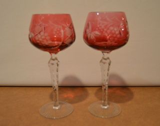 Pair Set Of 2 Bohemian Cut To Clear Crystal Wine Hock Glasses Cranberry Red