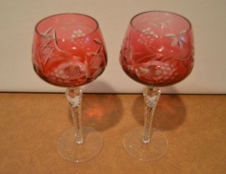 Pair Set Of 2 Bohemian Cut To Clear Crystal Wine Hock Glasses Cranberry Red 2