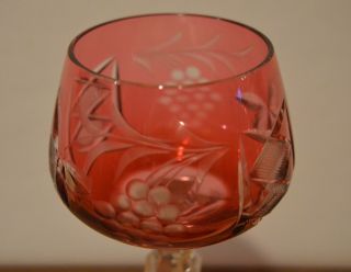 Pair Set Of 2 Bohemian Cut To Clear Crystal Wine Hock Glasses Cranberry Red 3