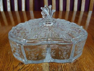 Vintage Fostoria Navarre Baroque 3 Part Covered Glass Candy Box Dish