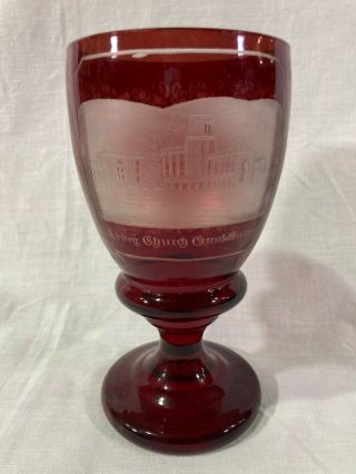Antique Bohemian Etched Ruby Glass Souvenir Cup Abbey Church Great Malvern