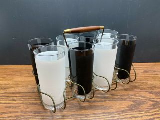 Set Of 8 Vintage Federal Glass White & Black Tumblers With Metal Carrier