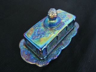 Vintage Indiana Glass Blue Harvest Grape Carnival Glass Butter Dish With Lid