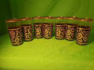 Vintage Retro Culver Black/gold Swirl 22kt 7 Highball Drinking Glasses