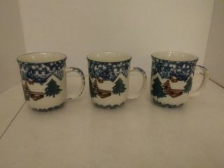 Tienshan Folk Craft Cabin In The Snow Coffee Mugs Set Of 3.