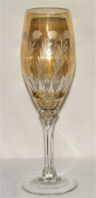 Huge 14 " Tall Vtg Amber Cut To Clear Art Glass Wine Stem Chalice Decor Flowers