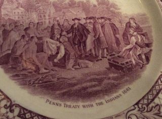 Crown Ducal Colonial Times Mulberry Dinner Plate Penn ' s Treaty w/ Inds.  1661 2