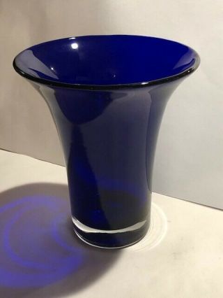 Large Flared Cobalt Blue Hand Blown Glass Vase With Clear Base