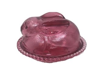 Vtg Dark Pink Bunny Rabbit On A Nest Glass Candy Dish With Lid