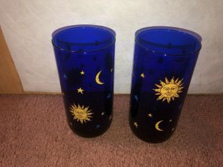 Vtg Set Of 2 Libbey Cobalt Blue Celestial Sun,  Moon And Stars Tumbler Glasses